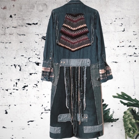 Ralph Lauren Jackets & Blazers - Handmade upcycled boho fringe and crochet patched tattered denim duster jacket